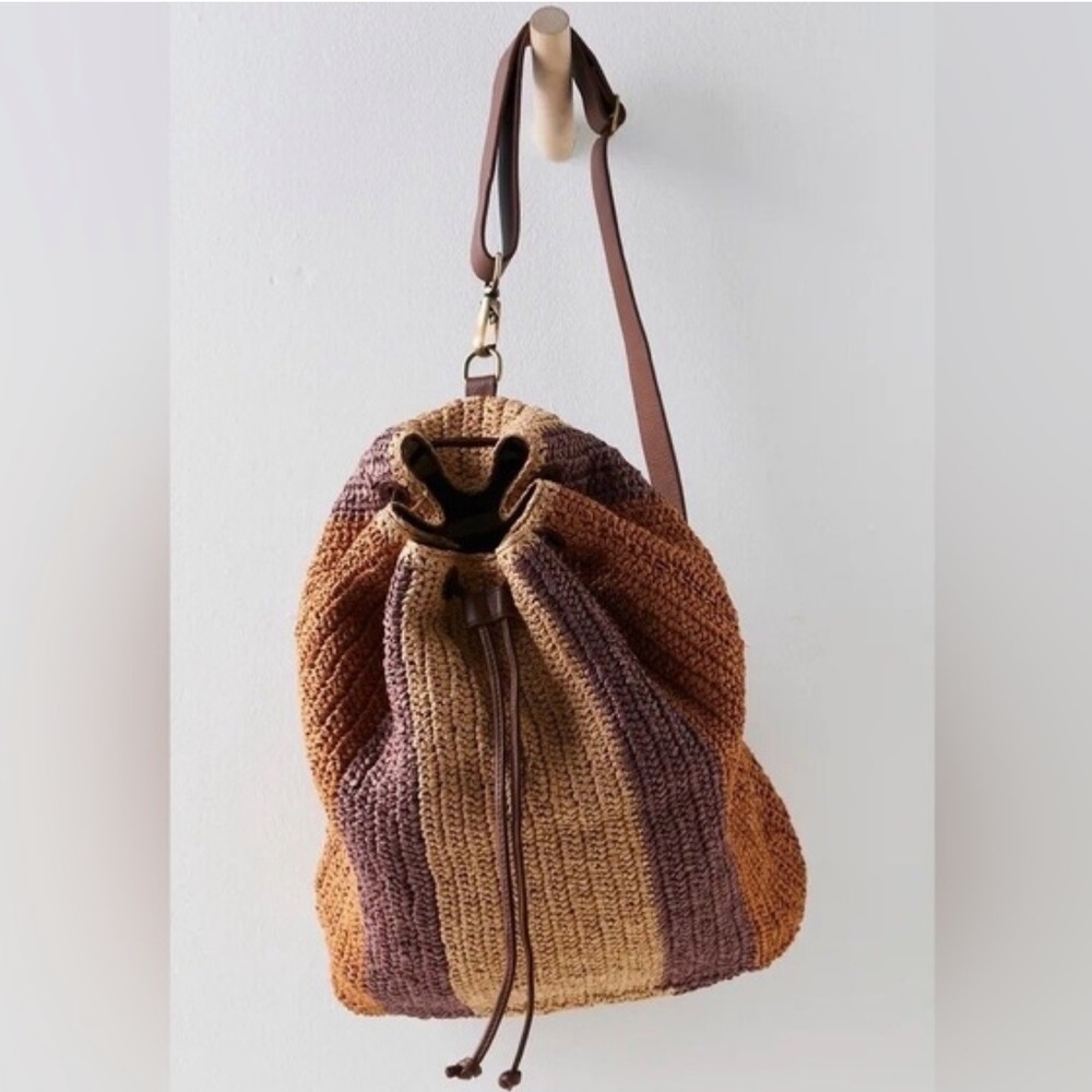 Free People Raffia Drawstring Backpack - Brown, Tan, Purple - Picture 3 of 11